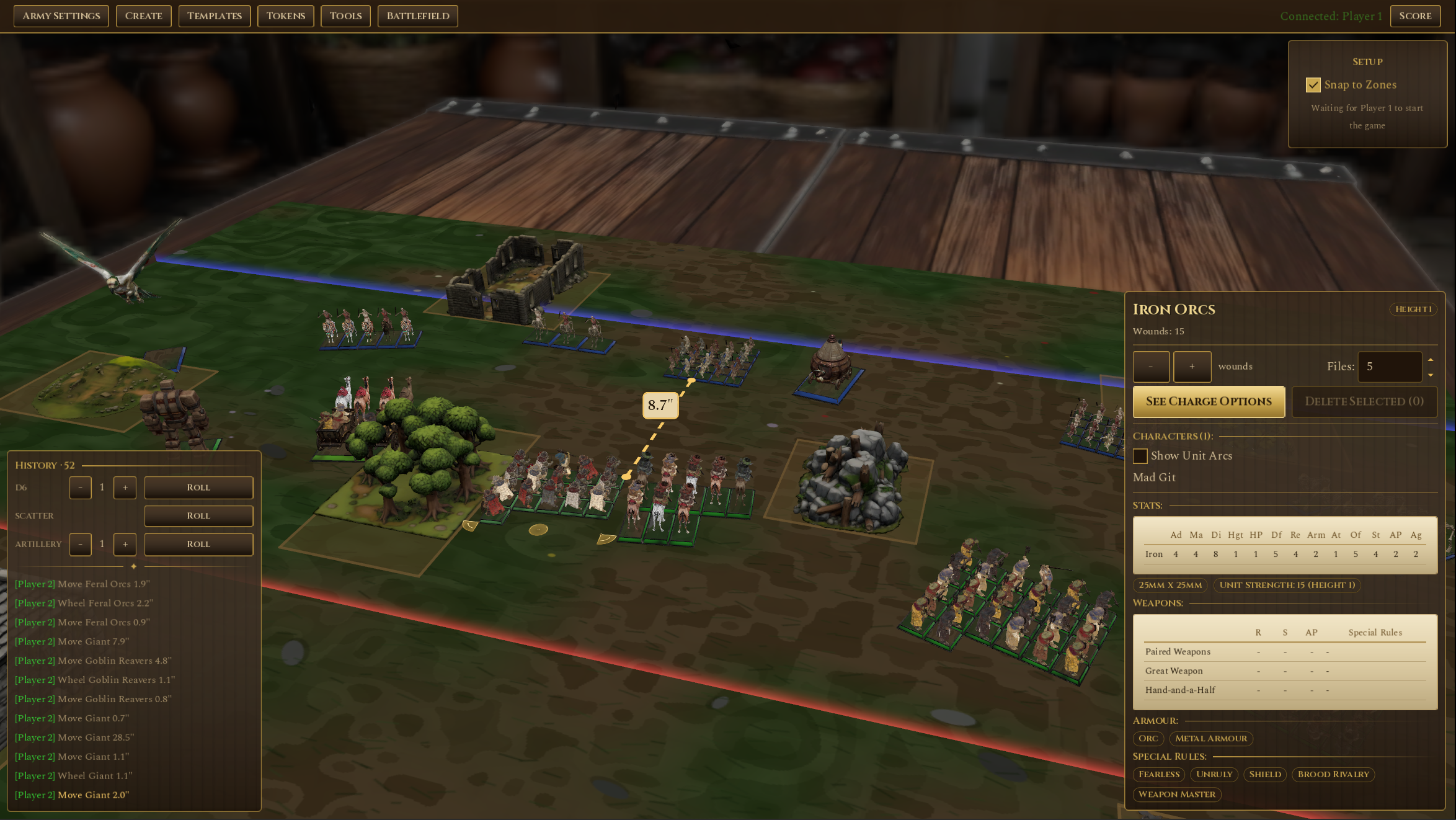 Battle Tavern gameplay — measuring a long charge across the board.