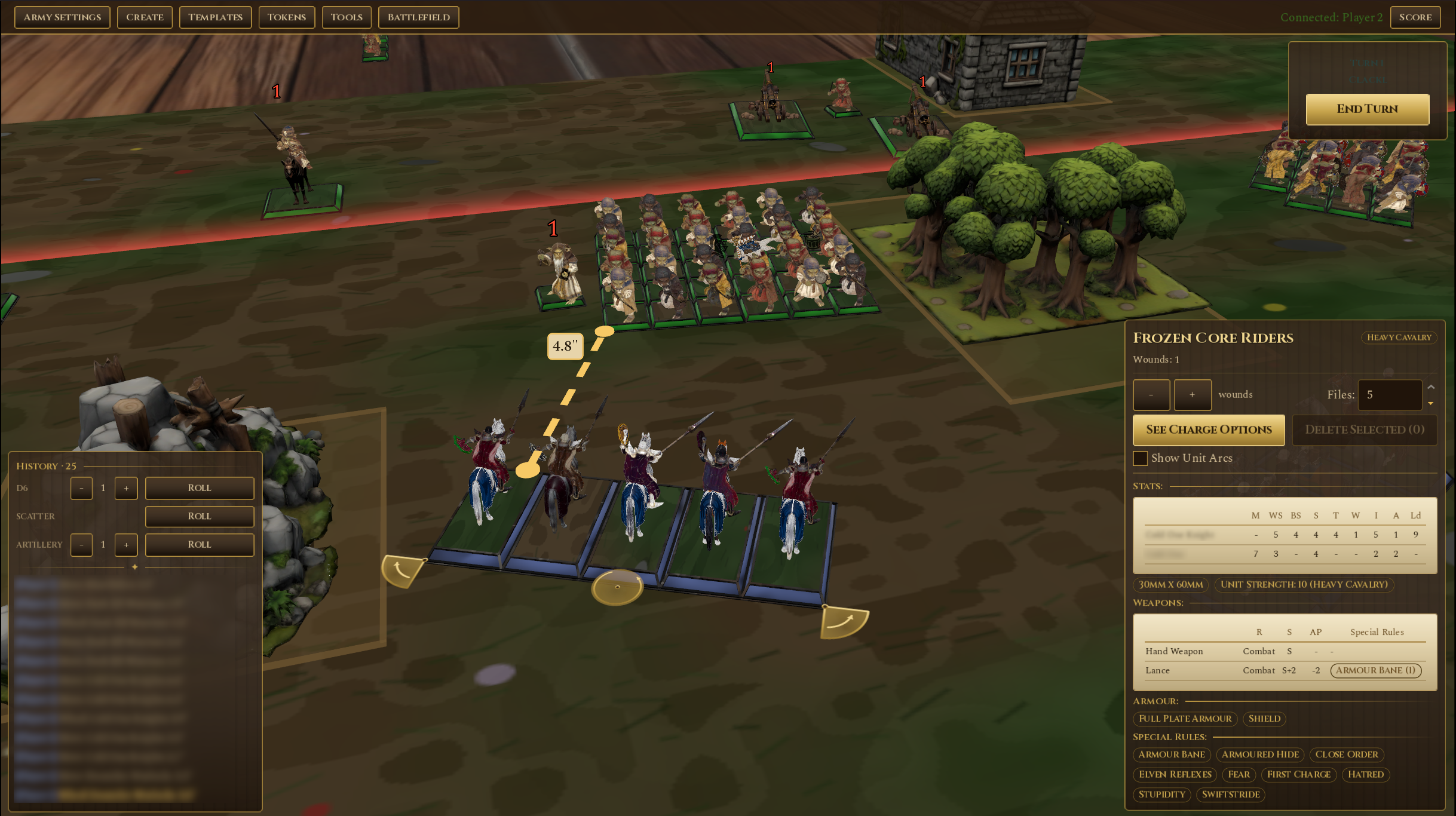 Battle Tavern gameplay — full table view with terrain pieces and armies.