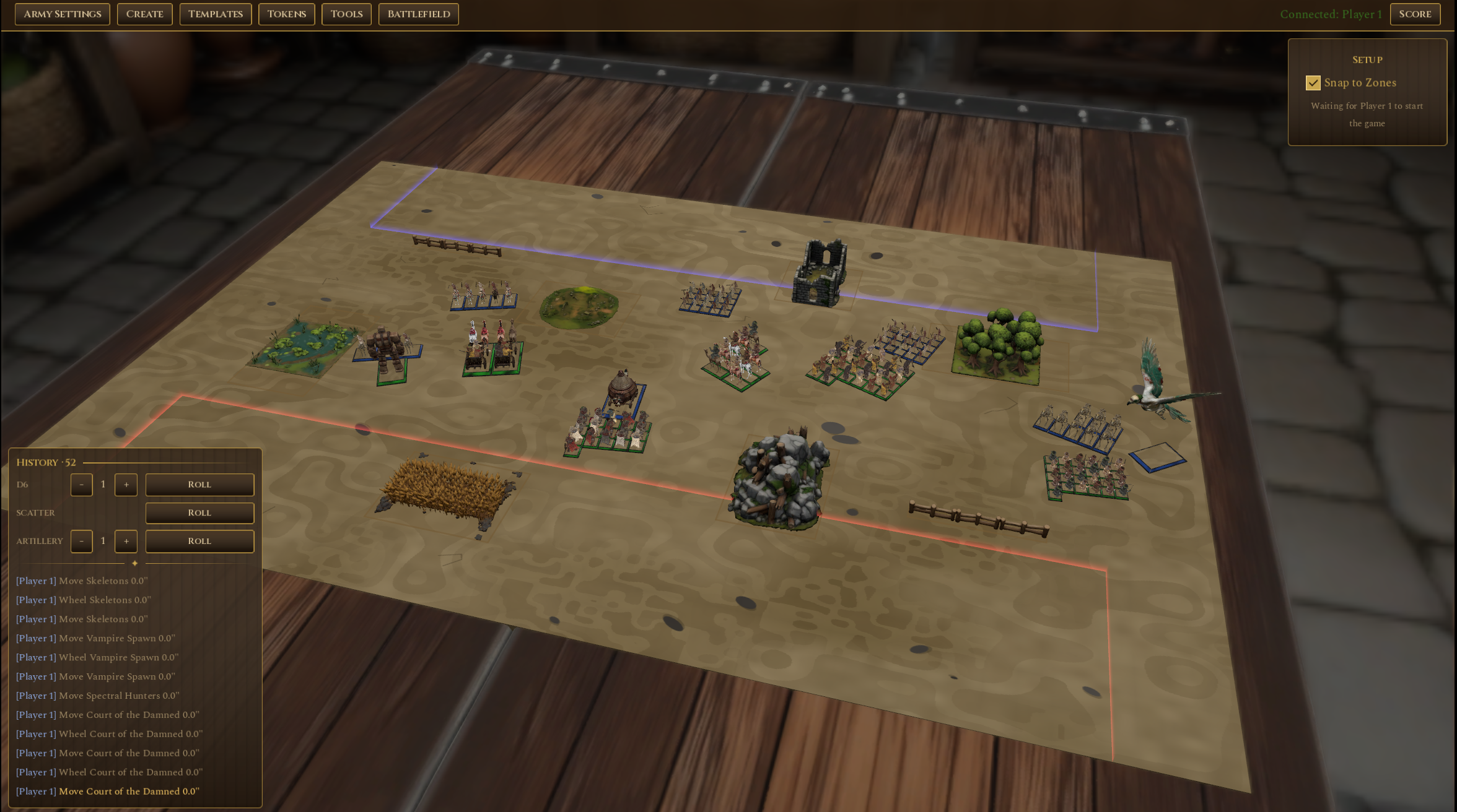 Battle Tavern gameplay — wide battlefield overview showing deployment and terrain.
