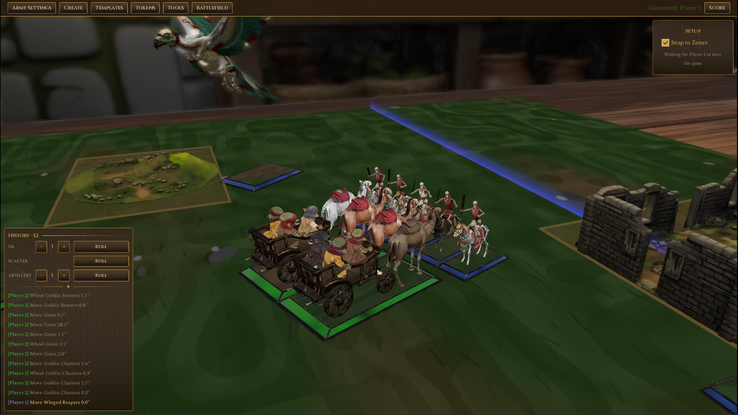 Battle Tavern gameplay — cavalry and chariot forces with active measuring tools.