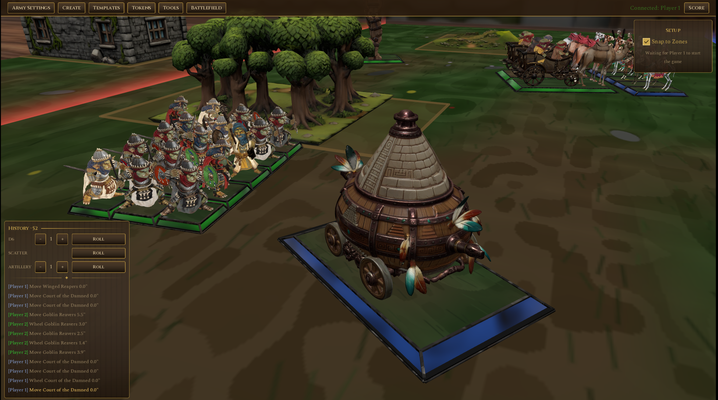 Battle Tavern gameplay — the 3D battle table, mid-game.